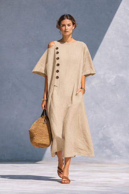 Damen Oversize Langarmkleid Asymmetrischer Ausschnitt Knöpfe