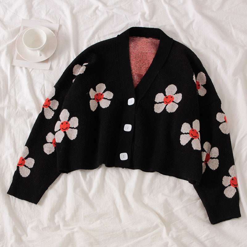 Damen Cardigan Grobstrick Floralmuster Knöpfe Beige