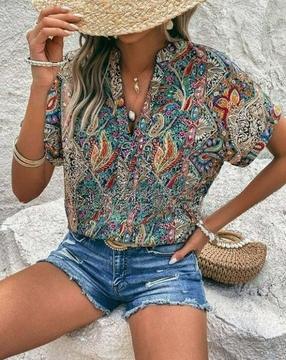 Norvielle Damen Bluse V-Ausschnitt Gedruckt
