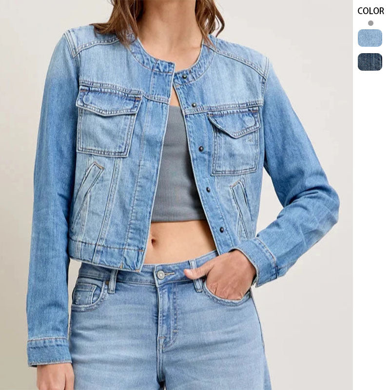 Damen Jeansjacke Cropped Schnitt mit Taschen - Norvielle