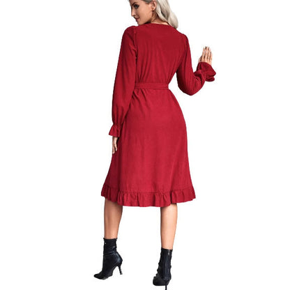 Damen Wickelkleid Langärmlig Knöpfe Tailliert