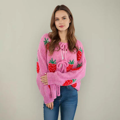 Damen Strickpullover Erdbeermotiv Ballonärmel Rosa