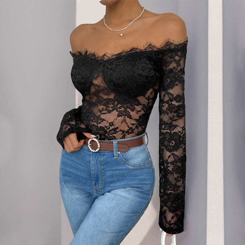 Damen Off-Shoulder-Body mit Spitze und langen Ärmeln Norvielle