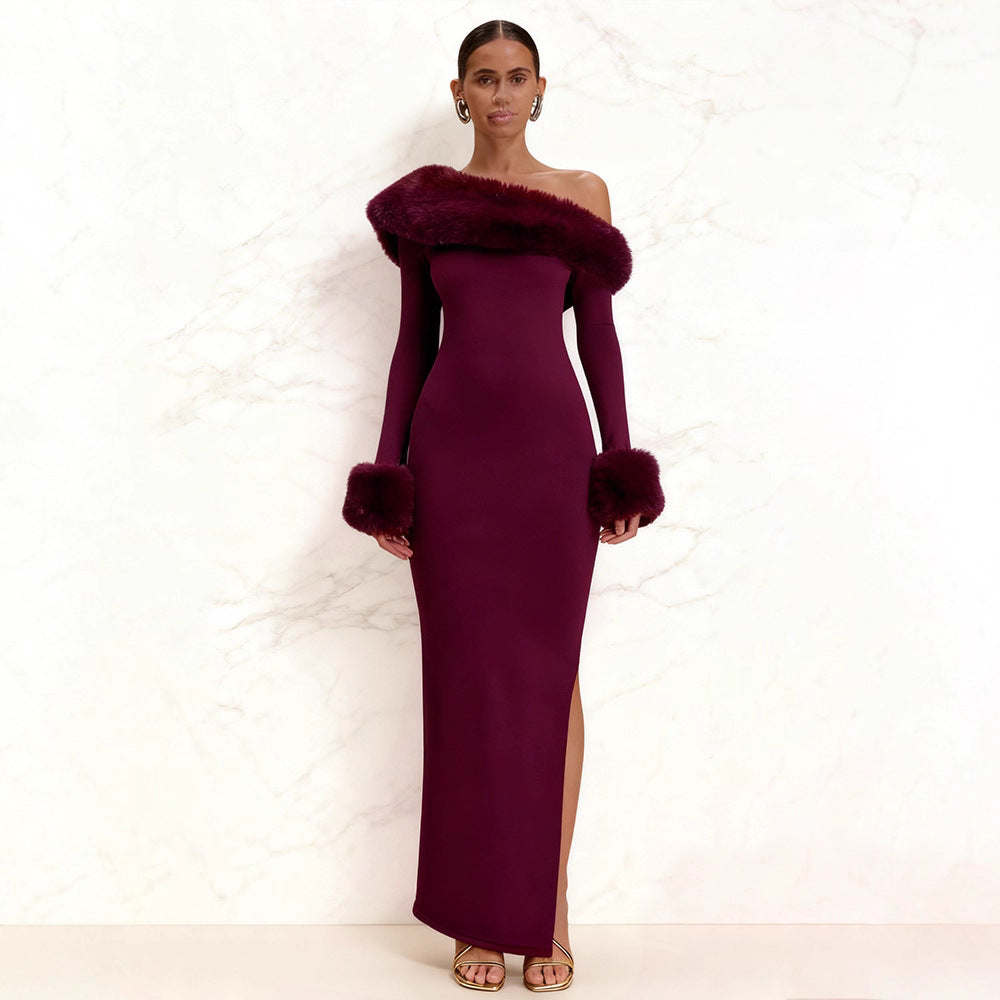 Damen Maxikleid Langarm Schulterfrei Fellakzente