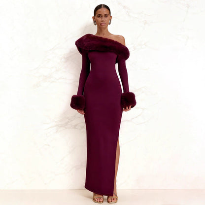 Damen Maxikleid Langarm Schulterfrei Fellakzente