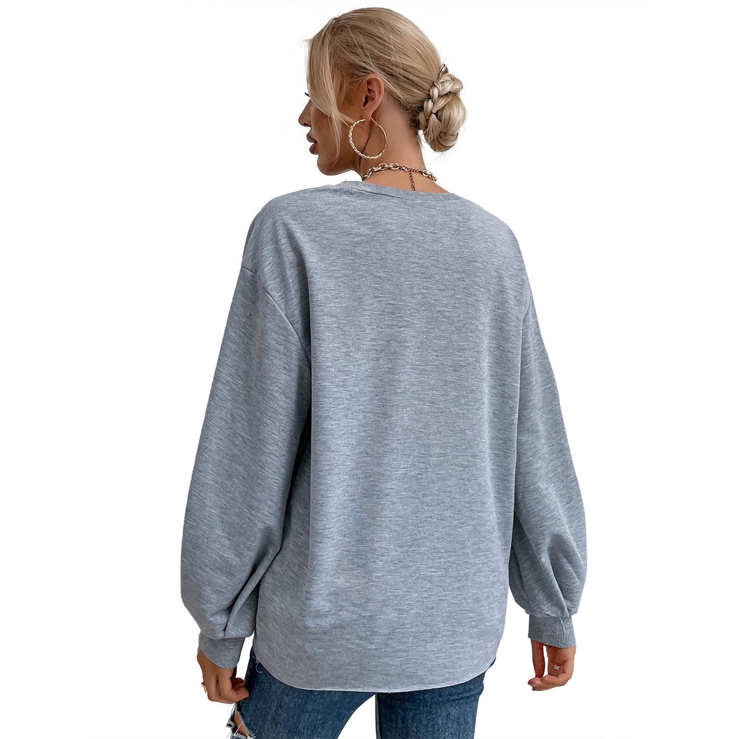 Damen Sweatshirt Puffärmel Schriftzug Grau