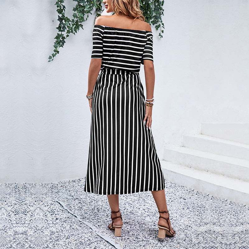 Damen Off-Shoulder Maxikleid Gestreift Norvielle