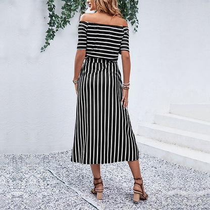 Damen Off-Shoulder Maxikleid Gestreift Norvielle