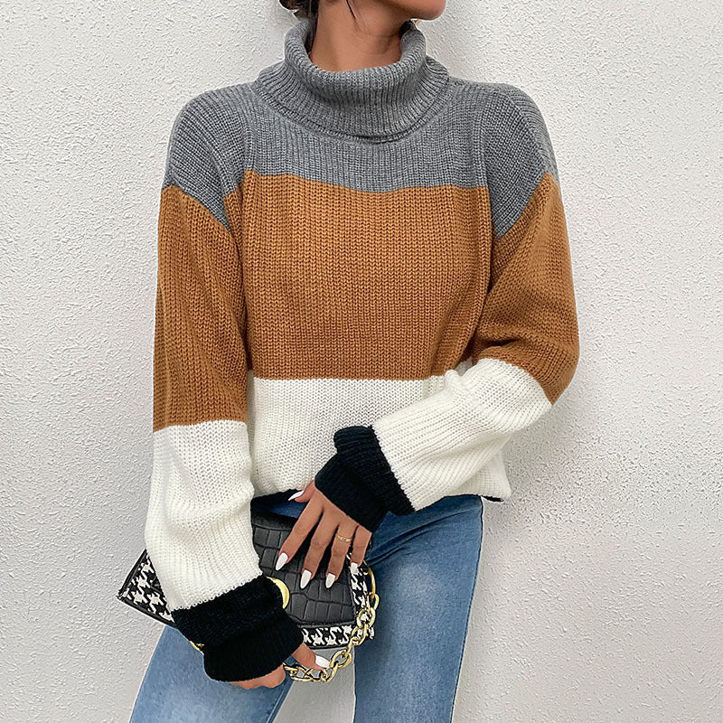 Damen Strickpullover Hochkragen Farbblockdesign