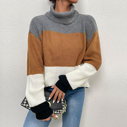 Damen Strickpullover Hochkragen Farbblockdesign