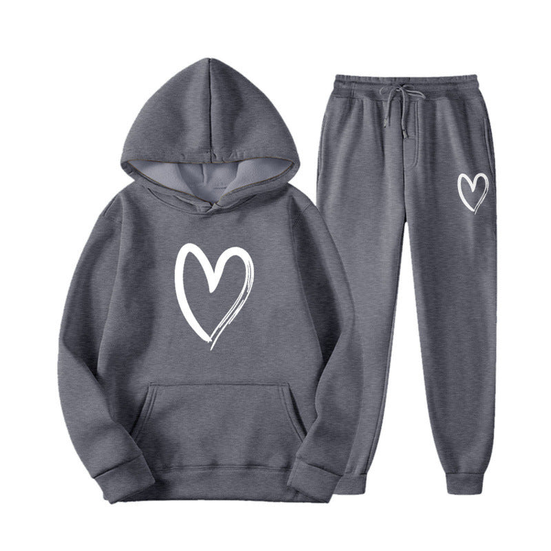 Damen Sweatanzug Kängurutasche Herzprint Grün