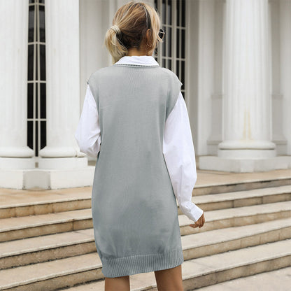 Damen Strickkleid V-Ausschnitt Dekorativer Gürtel Norvielle