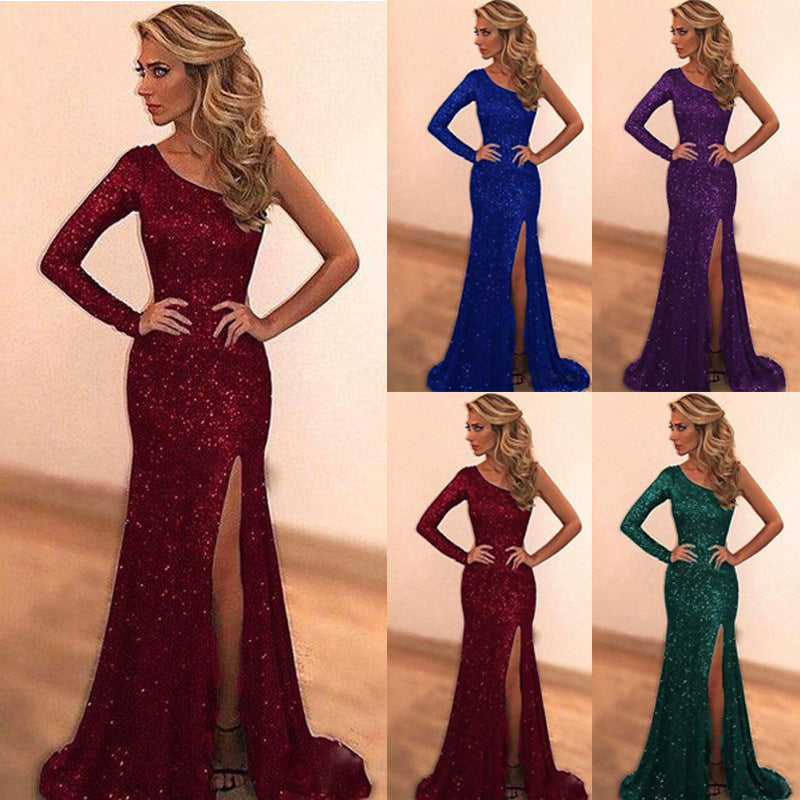 Damen Abendkleid Glitzer Asymmetrisch Hoch Beinschlitz - Norvielle