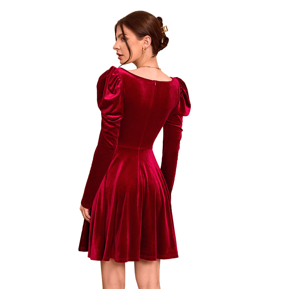 Damen Samt Minikleid mit Puffärmeln und V-Ausschnitt