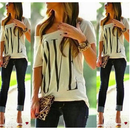 Damen Off-Shoulder T-Shirt Großer Schriftzug Norvielle