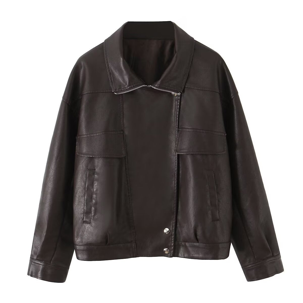 Damen Kunstlederjacke Modernes Design Praktische Taschen Schwarz - Norvielle