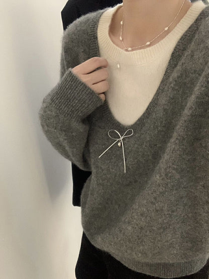 Damen Pullover V-Ausschnitt Schleifenapplikation Norvielle