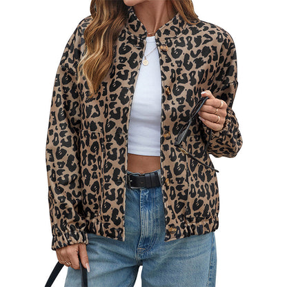Damen Kurzjacke Leopardenmuster Knöpfe