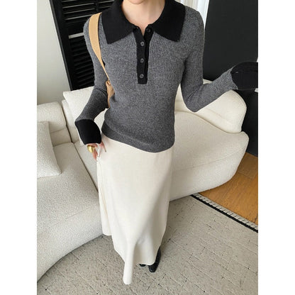 Damen Langarm-Pullover Strukturiertes Rippdesign Hochwertige Knöpfe