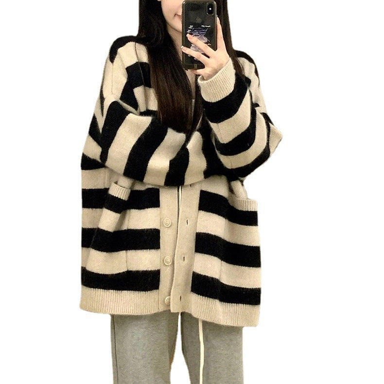 Damen Grobstrick-Cardigan Streifenmuster mit Taschen Norvielle
