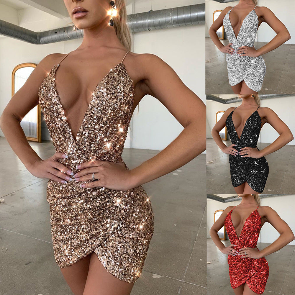 Damen Partykleid V-Ausschnitt Paillettenbesatz Norvielle