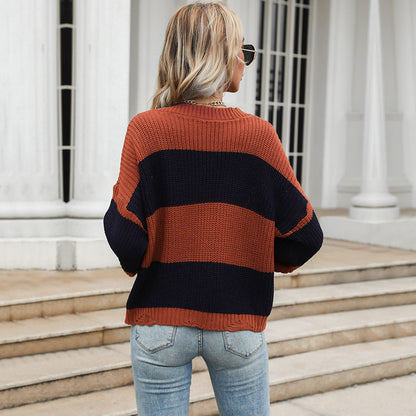 Damen Oversized Strickpullover V-Ausschnitt Blockstreifen Norvielle