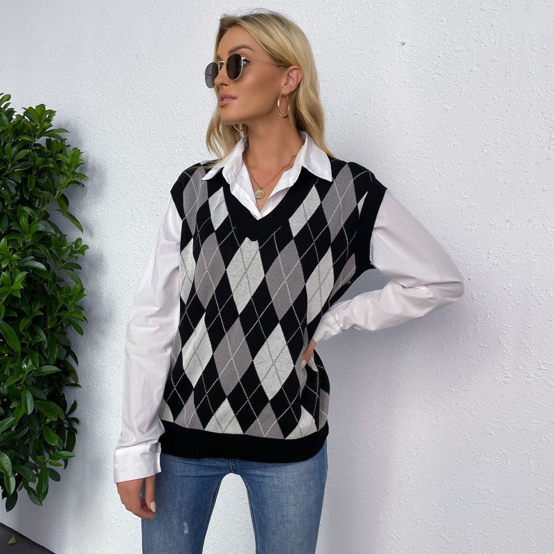 Damen Ärmelloser Pullover Rautenmuster V-Ausschnitt Norvielle - Norvielle