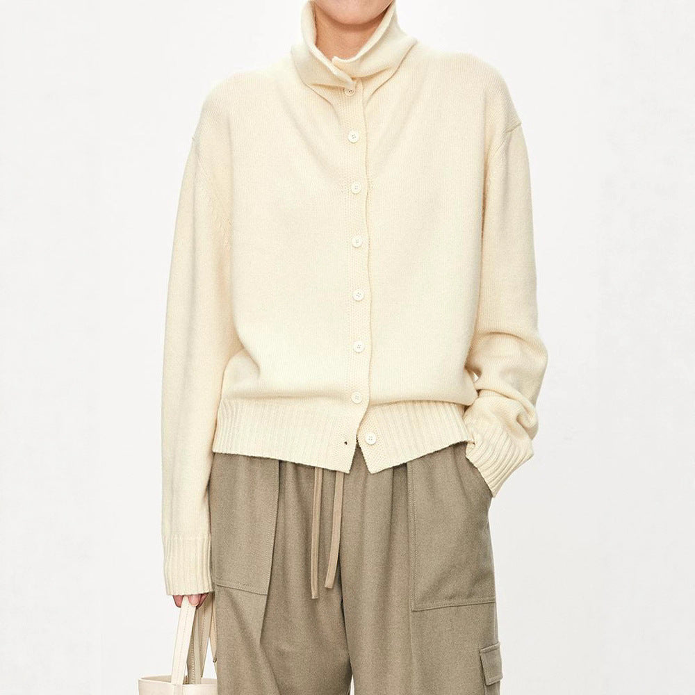 Damen Strickcardigan Hochkragen Knopfleiste Beige