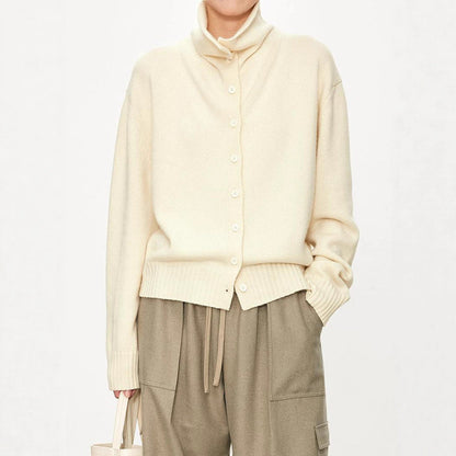 Damen Strickcardigan Hochkragen Knopfleiste Beige