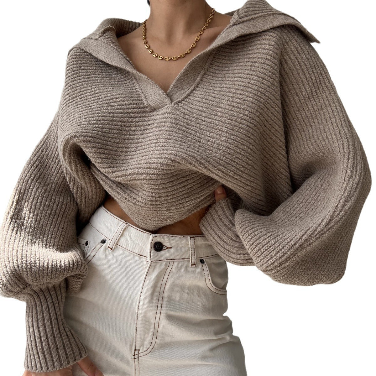 Damen Pullover Cropped mit hohen Ärmeln Norvielle