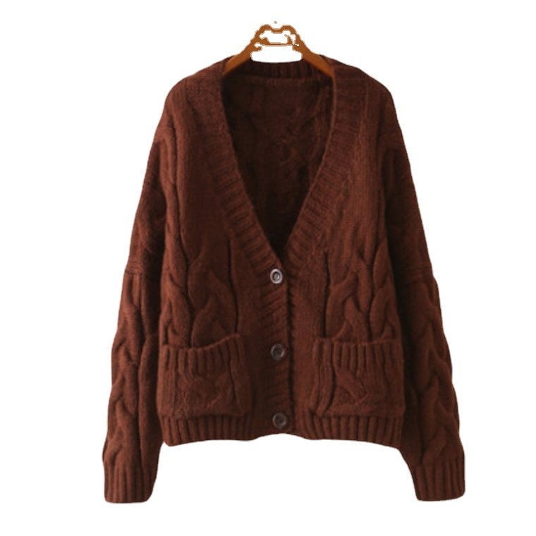 Damen Cardigan Grobstrick V-Ausschnitt mit Knöpftaschen Beige