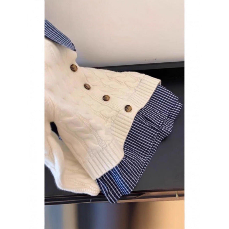 Damen Strickjacke Karostoffkragen Knöpfe Norvielle