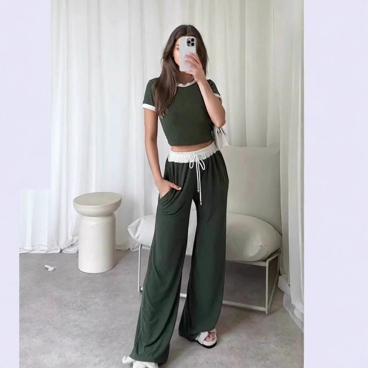 Damen Loungewear-Set Cropped Oberteil Weite Hose Norvielle