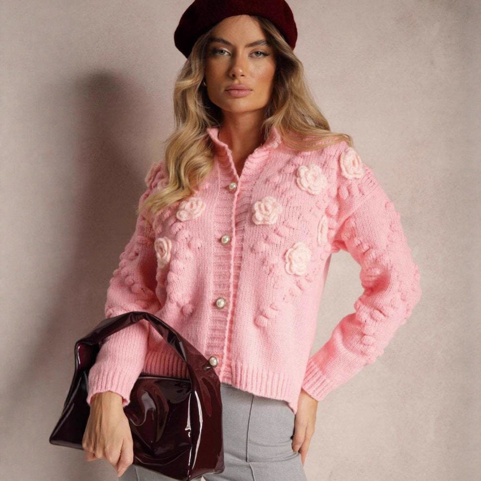 Damen Strickjacke Florale Applikationen Knopfdesign - Norvielle