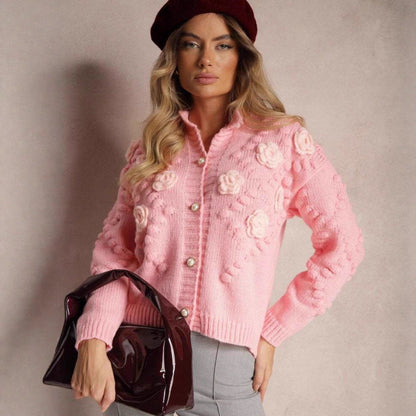 Damen Strickjacke Florale Applikationen Knopfdesign - Norvielle