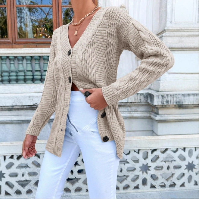 Damen Strickjacke Kabelmuster Klassische Knöpfe Beige