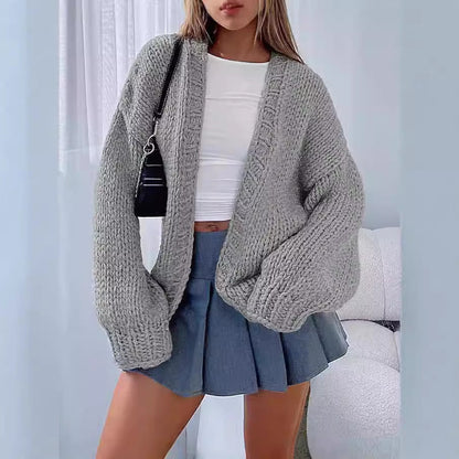 Damen Strick-Cardigan Weich Voluminöse Ärmel Offene Front Beige