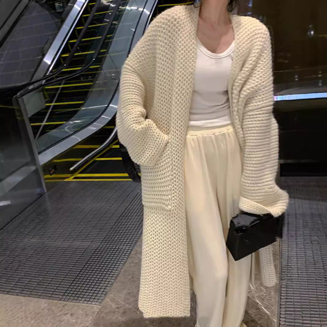 Damen Grobstrick-Cardigan Offene Taschen Lässig Beige - Norvielle