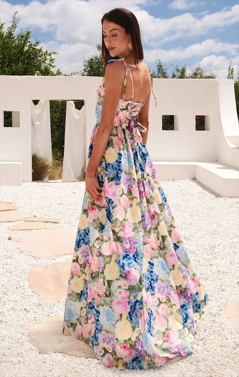 Damen Maxi-Kleid Langarm Floralmuster Rüschendetails Norvielle
