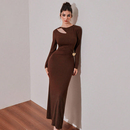 Damen Maxikleid Asymmetrischer Ausschnitt Drapierung Schwarz - Norvielle