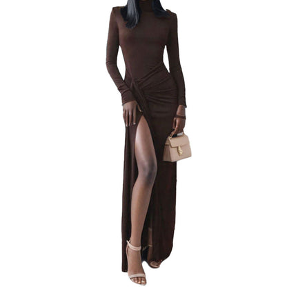 Damen Maxikleid Hohem Stehkragen Asymmetrisch Norvielle