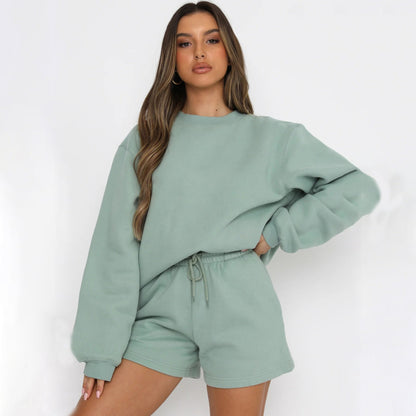 Damen Sweatset Kurzarmoberteil und Shorts Baumwolle Beige