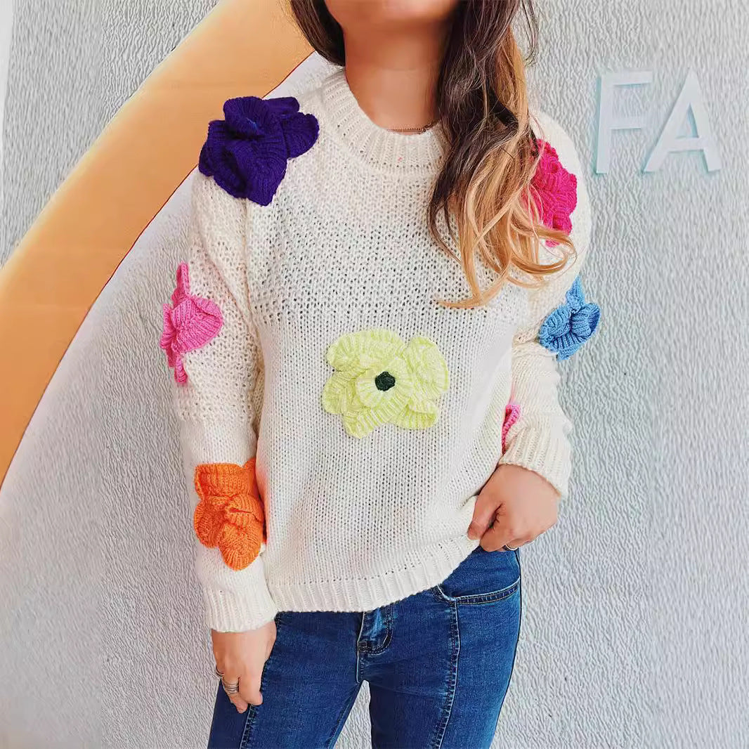 Damen Pullover Bunt Blumenapplikationen