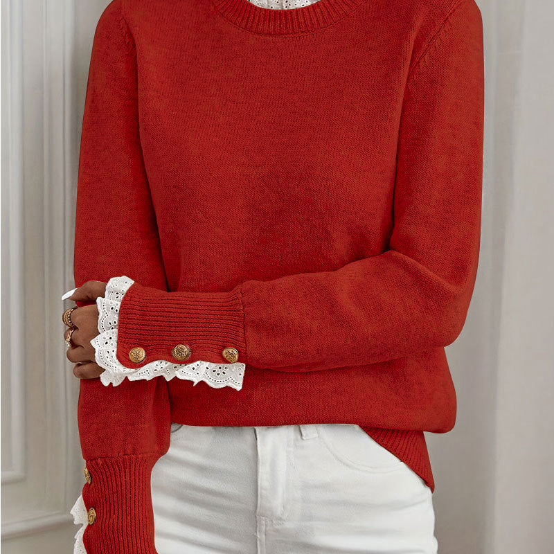 Damen Strickpullover Elegante Rüschendetails Knopfverzierung