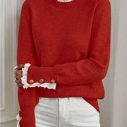 Damen Strickpullover Elegante Rüschendetails Knopfverzierung