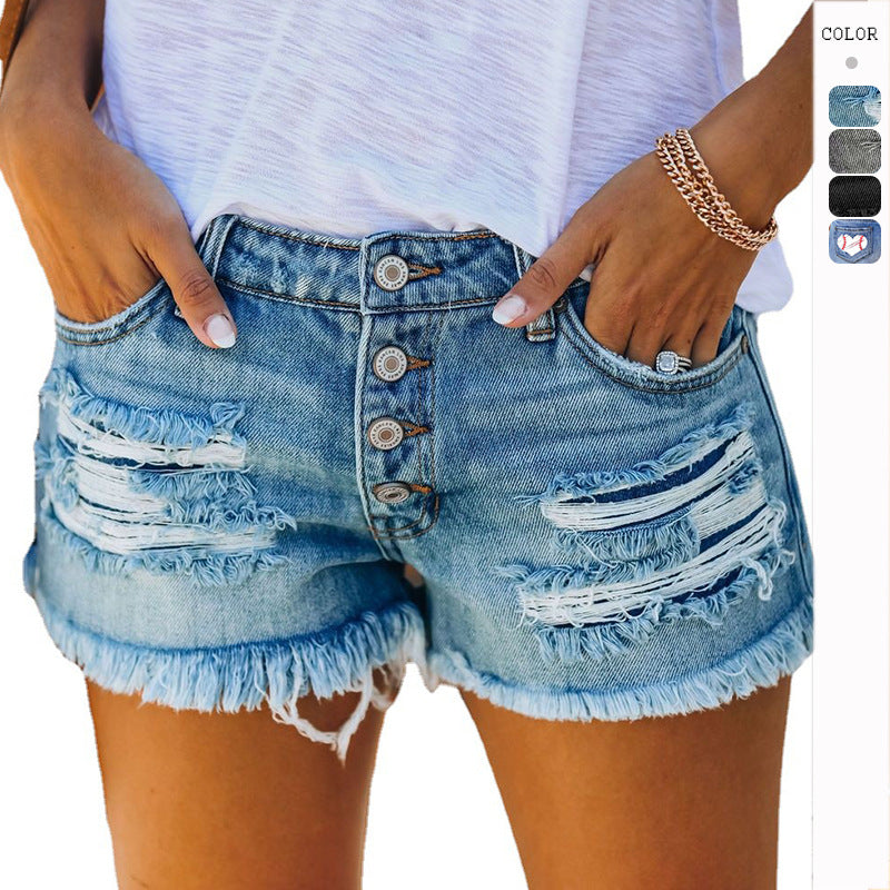 Damen Destroyed Denim Shorts mit Fransen Lässig Blau - Norvielle