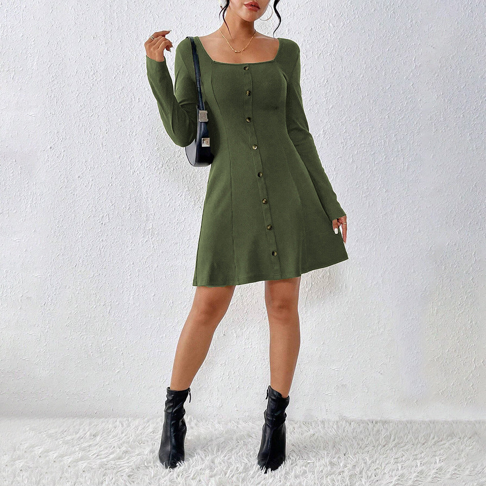 Damen Knopfleiste Kleid Langarm Quadratausschnitt