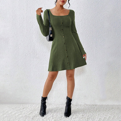 Damen Knopfleiste Kleid Langarm Quadratausschnitt