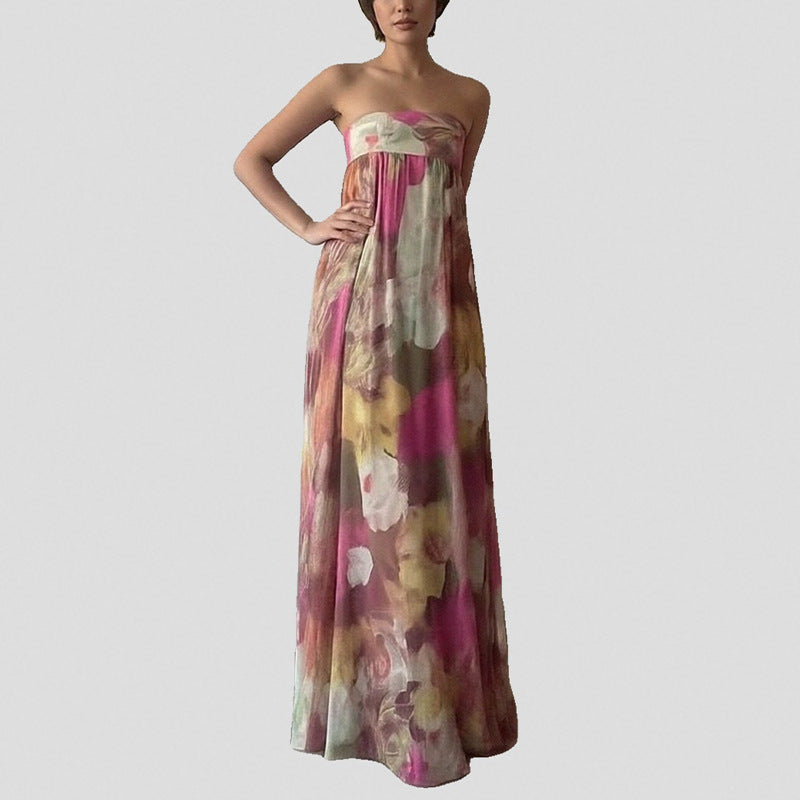 Damen Strandkleid Schulterfrei Florales Muster Lang