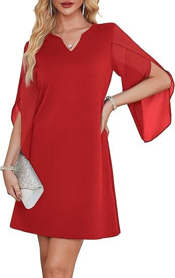 Damen V-Ausschnitt Kleid Durchsichtige Ärmel Norvielle